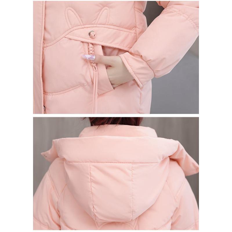 Women Winter Solid Color Mid Length Cotton Padded Coat Korean Loose Thick Warm Student Outerwear Jacket