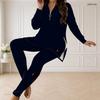 Women Plus Size Two Piece Pants Set Half Zip Long Sleeve Blue Star Printed Longline Top Fitted Pants