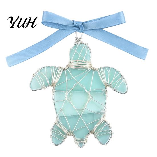 Seaside Theme Home Ornaments Handmade Sea Glass Ocean Ornaments, 2D Wire Wrapped Coastal Christmas Tree Decoration, Beach House Interior Accessories