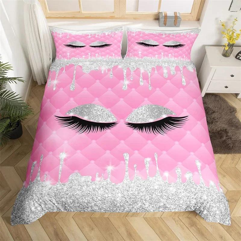 Smile Eyelash Duvet Cover Set Glitter Fragments Dreamy Twin Queen Bedding Set Microfiber Eyelashes Make Romantic Comforter Cover
