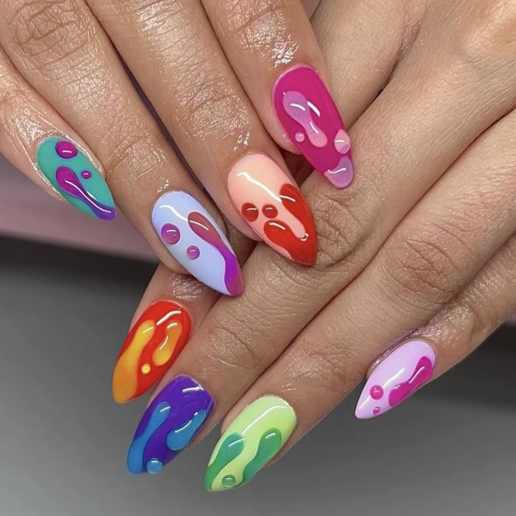 Colorful Press On Nails Almond Fake Nails with Designs Reusable False Nails Press Ons Glossy Full Cover Acrylic Glue On Nails Stick On Nail for Women