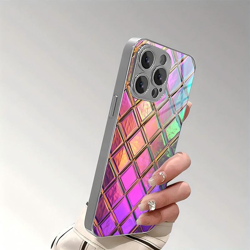 Neon Kleur Raster Ruit Patroon Glas Galvanisch Behandeld Telefoonhoesje Voor iPhone 17 Pro Max 16 15 14 13 12 11 Plus 16E 17 Air Cover