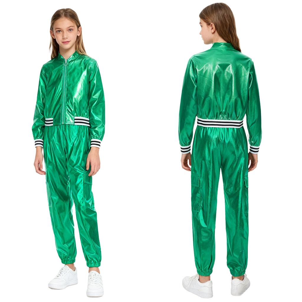 Kids Girls Hip-Hop Jazz Dance Costume Complete Set: Metallic Zipper Jacket & Pants, Stand Collar Long Sleeve Stage Outfit