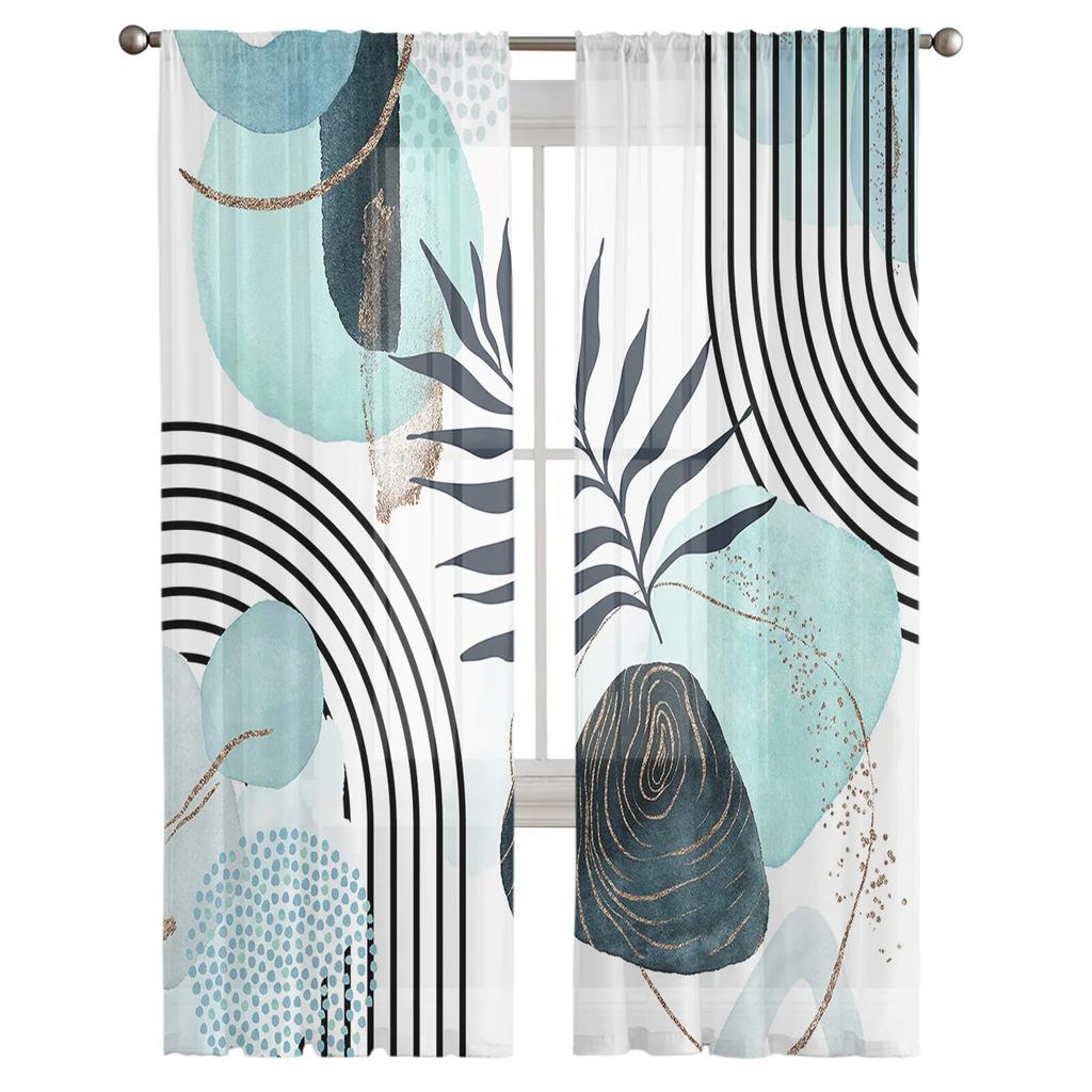 Bohemian Teal Leaves Tulle Curtains for Bedroom Hall Living Room Decor Chiffon Curtain for Balcony Kitchen Home Drapes