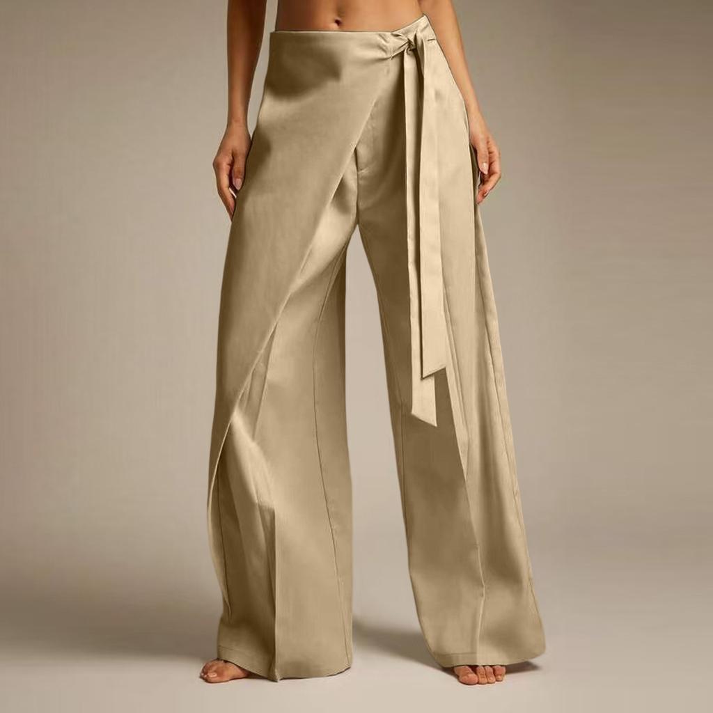 Women Casual Wide Leg Pants with Draped Overlay and Waist Tie Elegant Loose Fit Lightweight Fabric Suitable for Office and Daily Wear