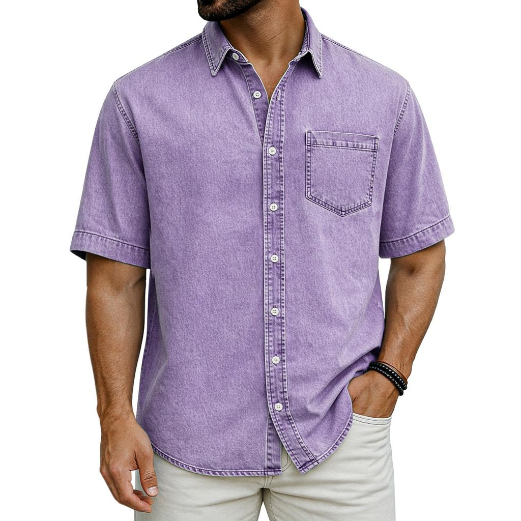 Men's Denim Shirt - Short Sleeve, Button Up, Relaxed Fit, Casual Color