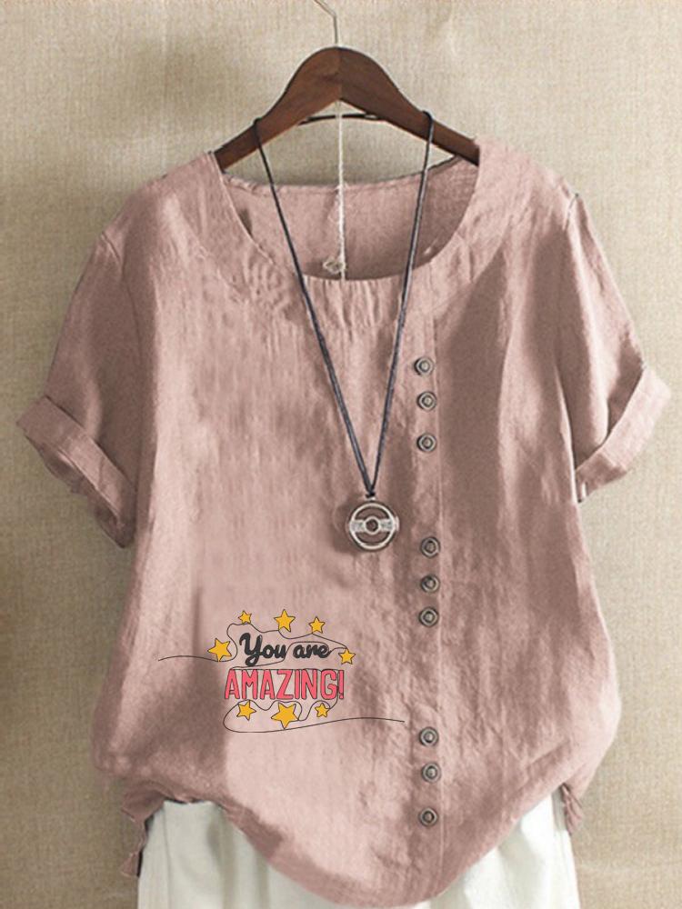 Women's Fashion Letter Print Round Neck Short Sleeve T-shirt Casual Cotton Linen Graphic Shirt Leisure Loose Summer Blouse Tops