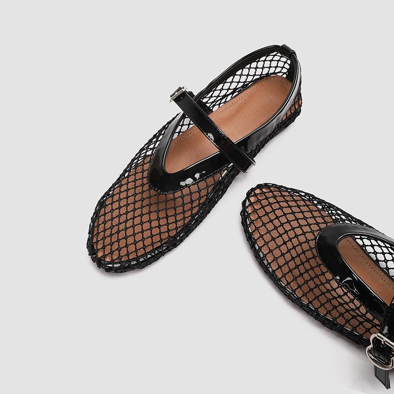 Plus Size Round Toe Fishnet Ballet Flats with Buckle - Women's Fashionable Flat Heel Shoes