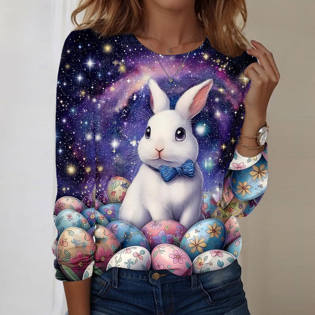 Women's Daily Casual Long Sleeved Easter Printed Round Neck Top