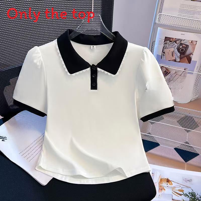 Summer Short Sleeve T Shirt For Women With Doll Collar And Spliced Fabric For Casual Wear