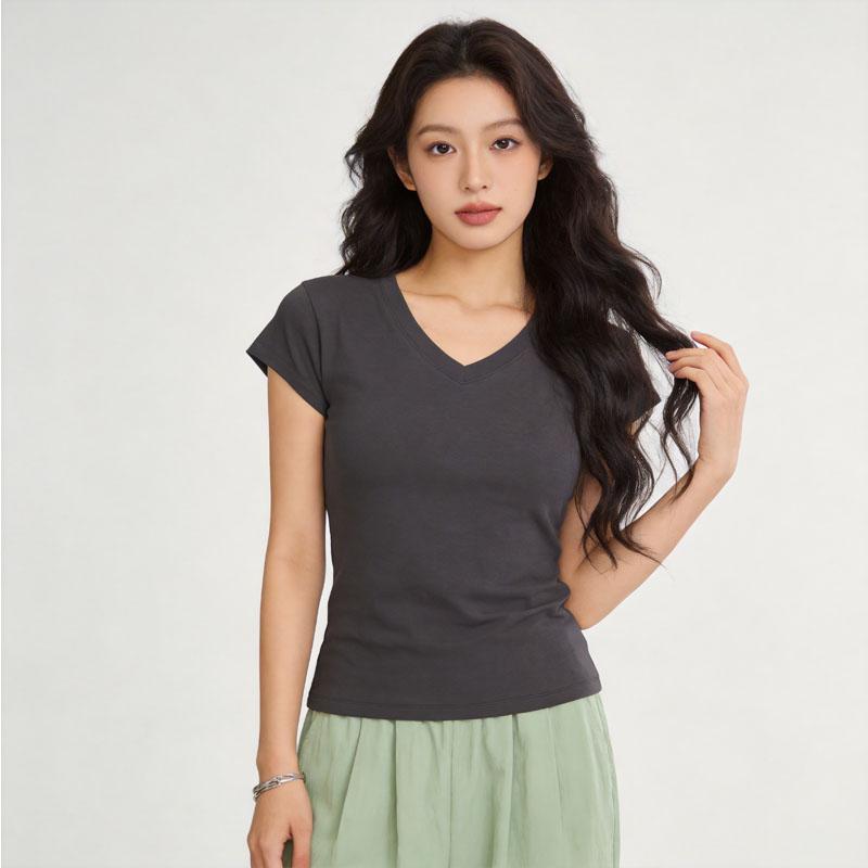V-Ausschnitt T-Shirt kurzärmelig figurbetontes Oberteil Sport-T-Shirt Damen Sommer vielseitiges T-Shirt