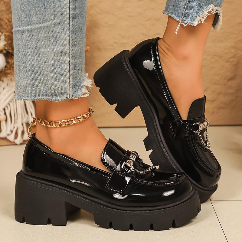 Fashion Women's Chain Decor Platform Loafers Fashion Preppy Style Patent Leather Dress Shoes Woman Comfortable Slip On Chunky Heel Pumps