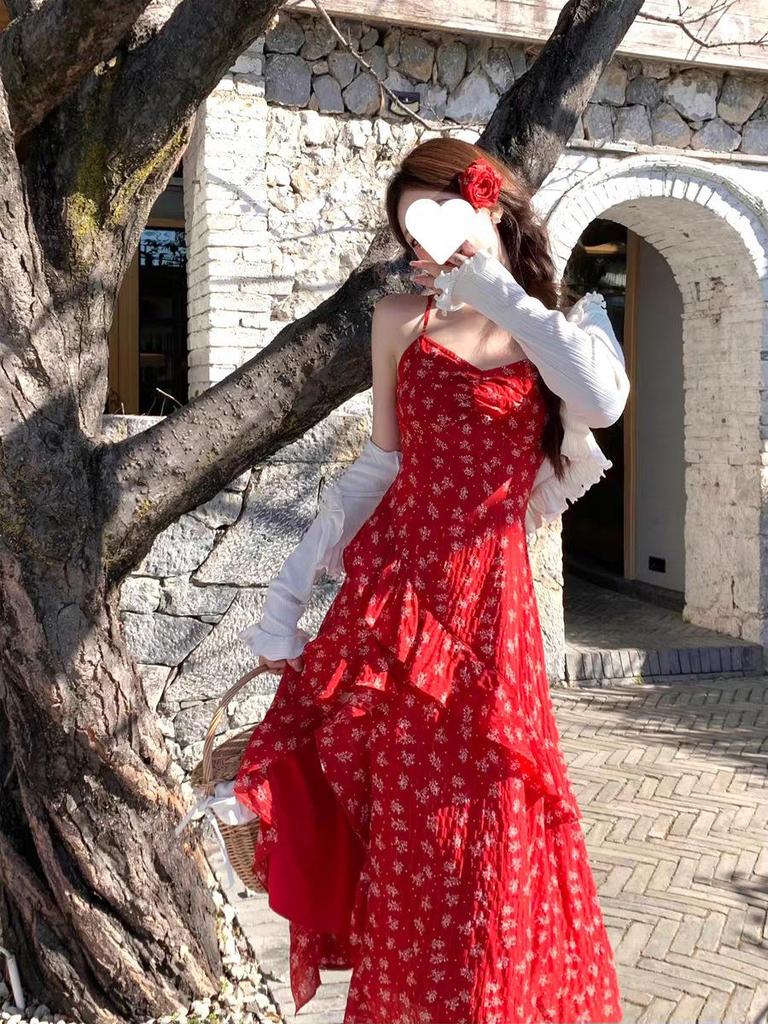 Spring/Summer 2025 Q Lady Red Floral Maxi Cami Dress with Slit