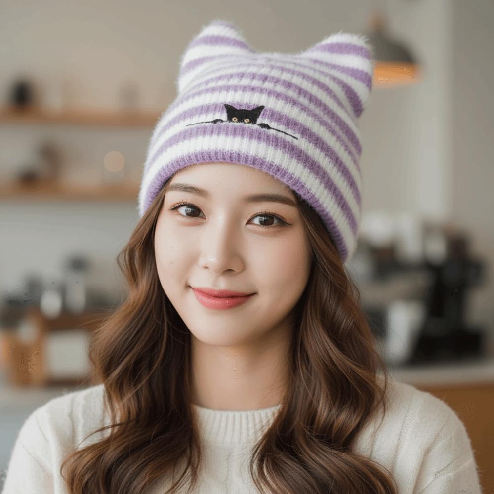 Cold Proof Embroidered Hat Keep Warm Pullover Hat Fashion Women Cat Ear Knitted Hat Outdoor Sports