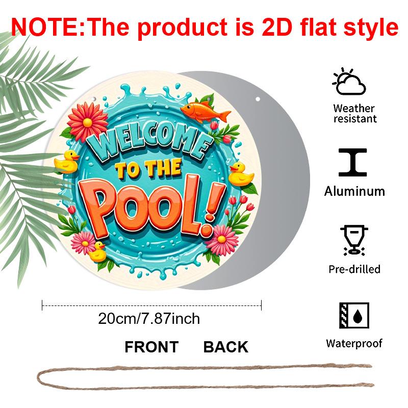 2D Flach, 1 Stück Runde Aluminium "Willkommen am Pool" Schild, Niedliche Gummi-Ente & Floraler Wasserspritzer Metallschild, Helles Buntes Sommerdesign, Idee für