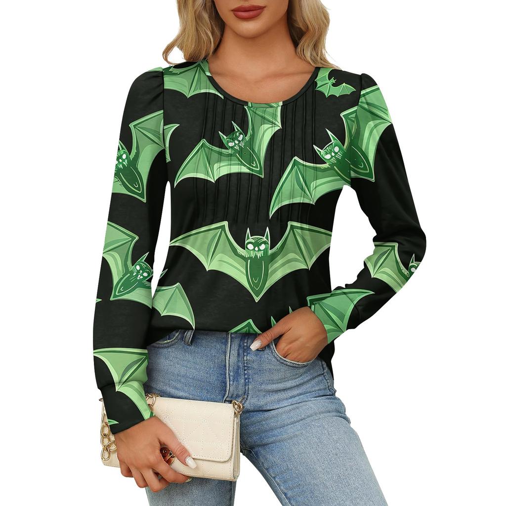Women's Casual Fashion Long Sleeve Print Pleated Round Neck Shirt Casual Tops