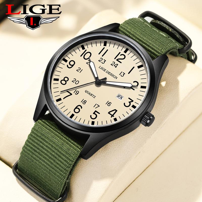 LIGE Top Brand Luxury Men Quartz Watch Nylon Leather Waterproof Luminous Date Sports Military Watches For Men Relogios Masculino