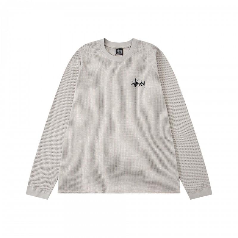 Mens Oversized Waffle Knit Long Sleeve Tee With Washed Print Soft Cotton Blend Winter Casual Wear