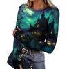 Women's Slim Fit Halloween Print Pullover Long Sleeve T Shirt Crew Neck Base Layer Top with Thumb Hole Cuffs Stretch Fabric