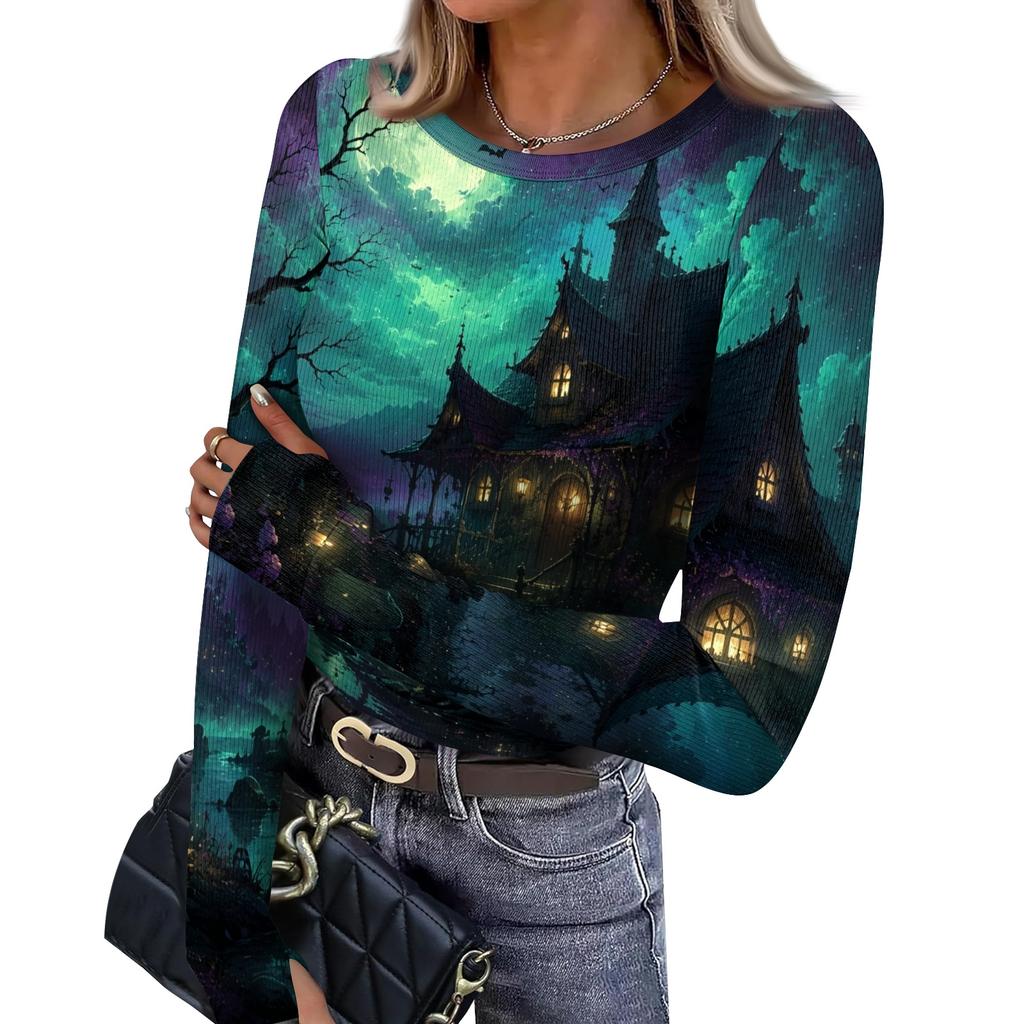 Women's Slim Fit Halloween Print Pullover Long Sleeve T Shirt Crew Neck Base Layer Top with Thumb Hole Cuffs Stretch Fabric