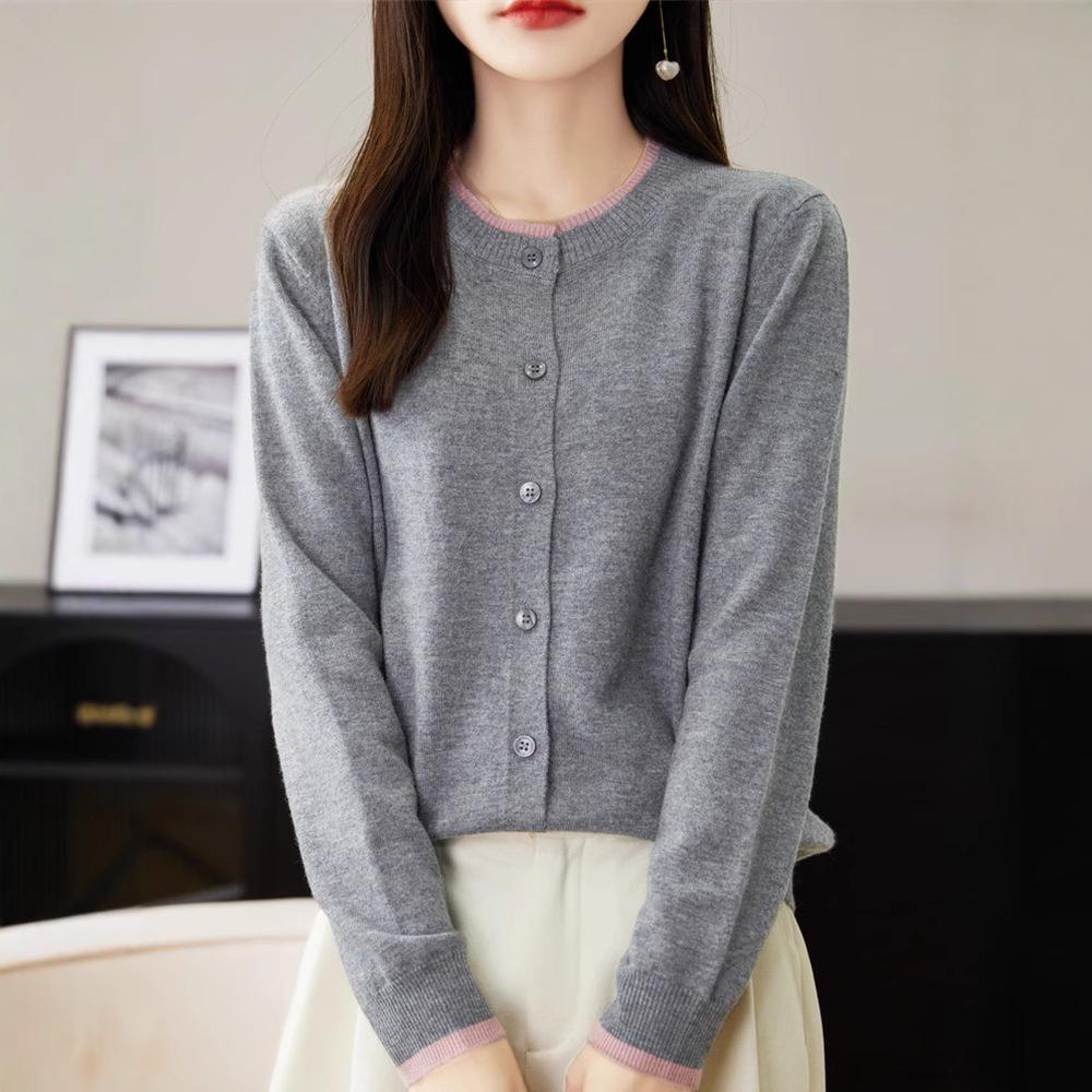 Women's 2024 Spring/Autumn Wool Knit Cardigan - Round Neck Cashmere Sweater Top