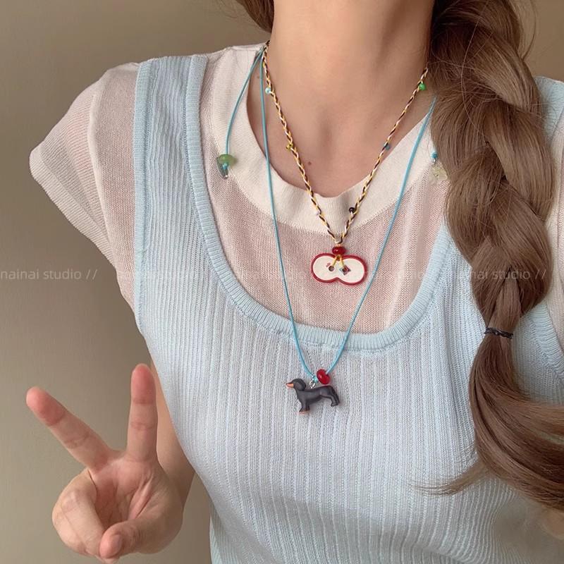 Cartoon niedlicher Apfel Liebe Hund bunter gewebter Halskette Damen Sommer lange Pullover Kette Zubehör