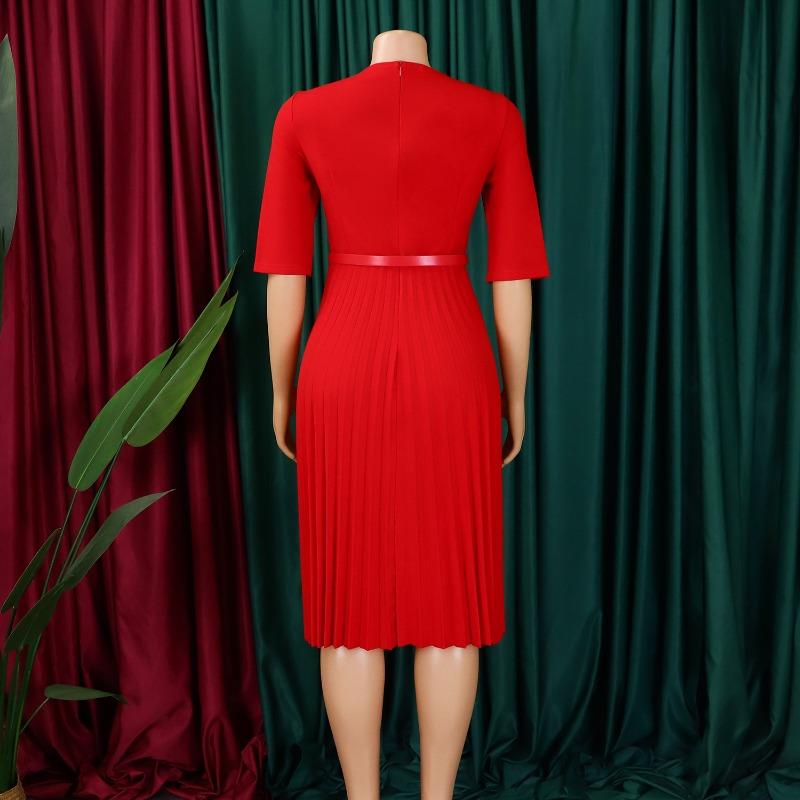 Women Solid Color V Neck Pleated High Waist A Line Mid Length Dress With Belt