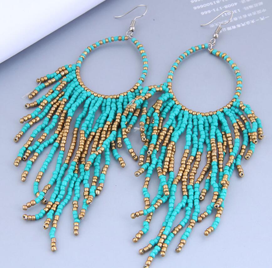 European & American Bohemian Handmade Seed Bead Tassel Drop Earrings