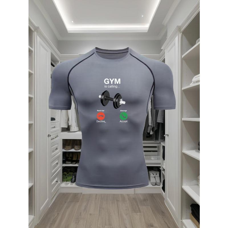 Men's Compression Shirt Quick Dry Gray Gym T-Shirt "GYM Is Calling" Dumbbell Print Workout Sportswear Lifestyle To Gym Men's Compression Shirt