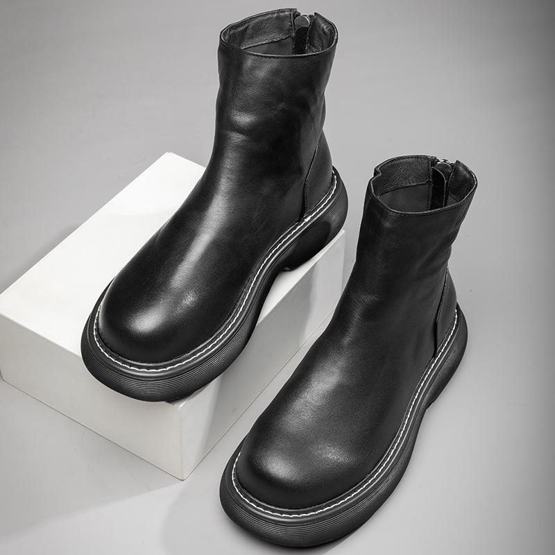 Platform-soled Chelsea Boots Men's Short Boots Trendy Fashion Men's Shoes High-top Casual Leather Shoes British Style Velvet Martin Boots