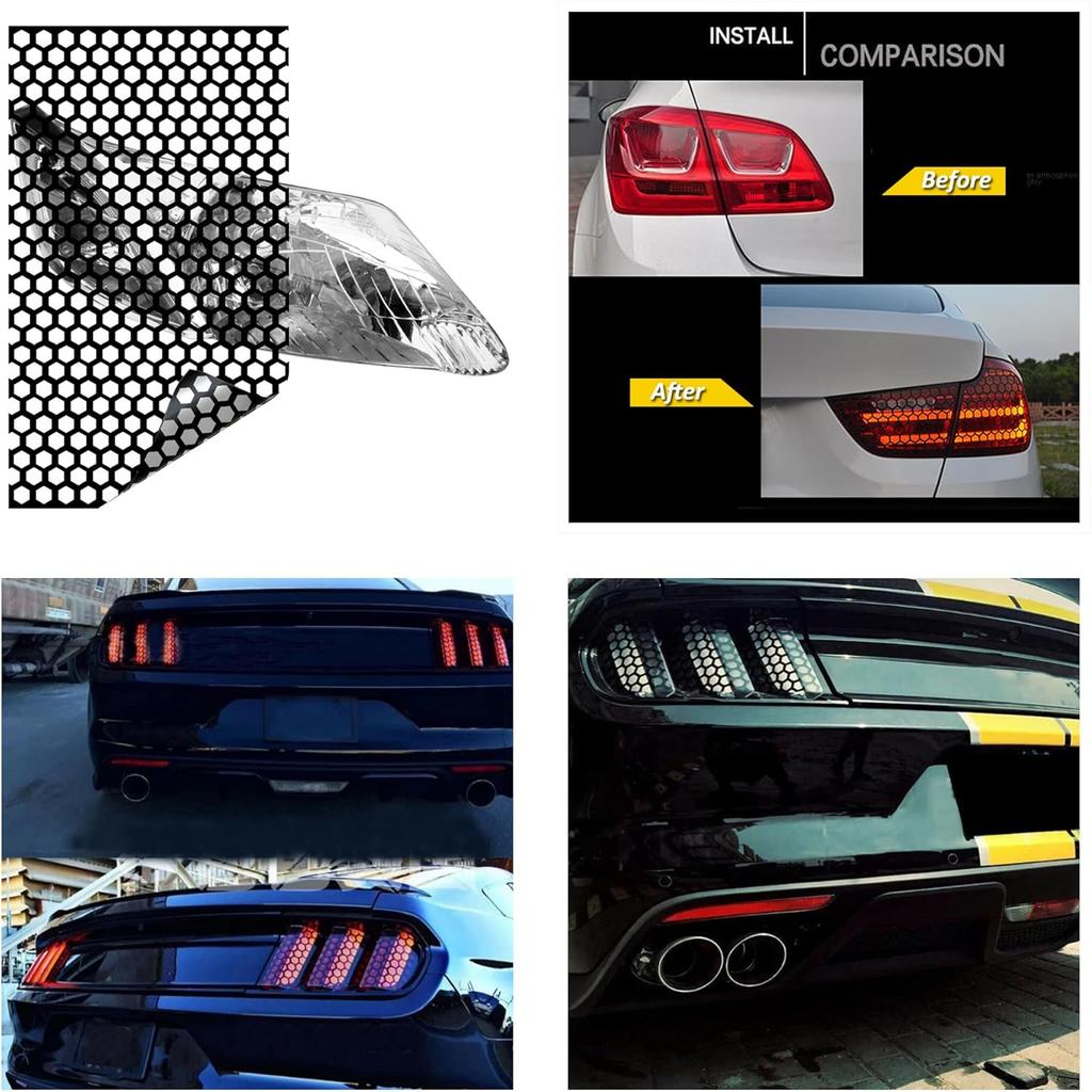4 Pack Headlight Taillight Tint Honeycomb Graphic Tail Light Lamp Cover Film Car DIY Self Adhesive Tint Film Sheet 18.89'' x 11.81'', Black