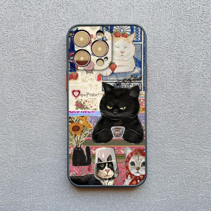 Kreative freche schwarze Katze Illustration Collage Handyhülle für iPhone 13 12 Mini 11 Pro Max 15 16 14 Pro Max Plus XR X XS Hüllen