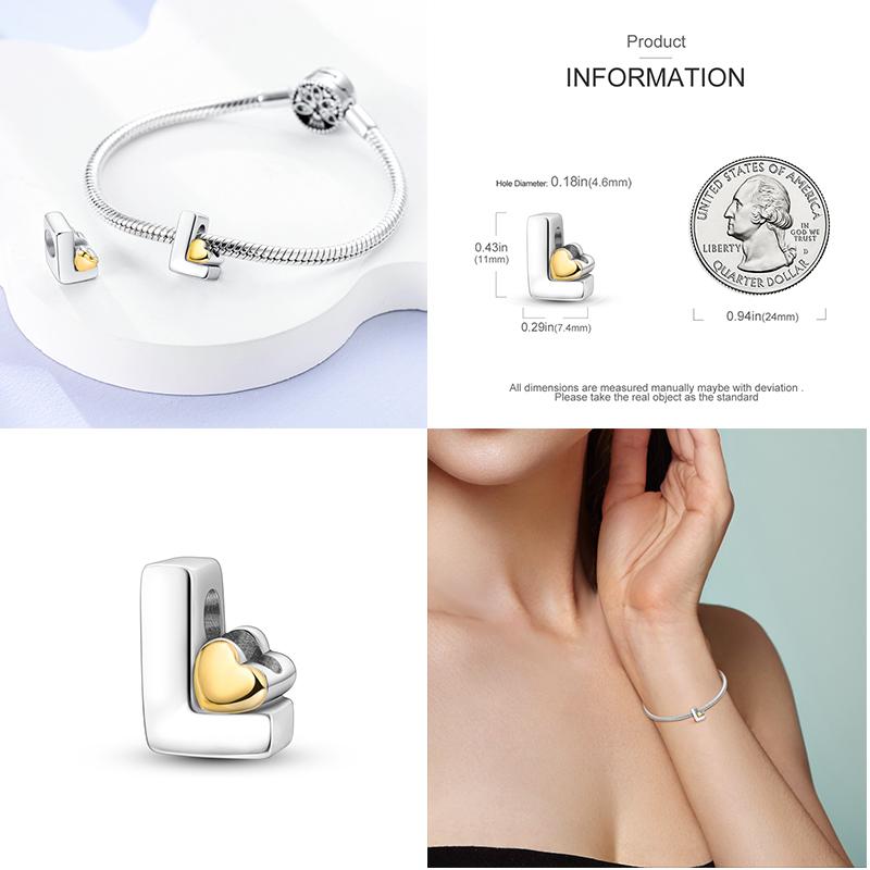 Neuer 26 A-Z Alphabet-Bead S925 Sterlingsilber Herz LOVE Buchstaben-Charm Passend für Original Armband Armreif CZ Zirkonia Bead Schmuck