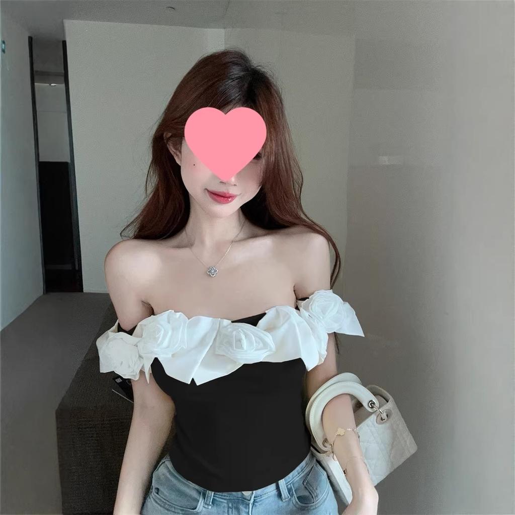 Lotus leaf edge three-dimensional flower one-word collar sling vest women's summer tube top sling women's chest pad