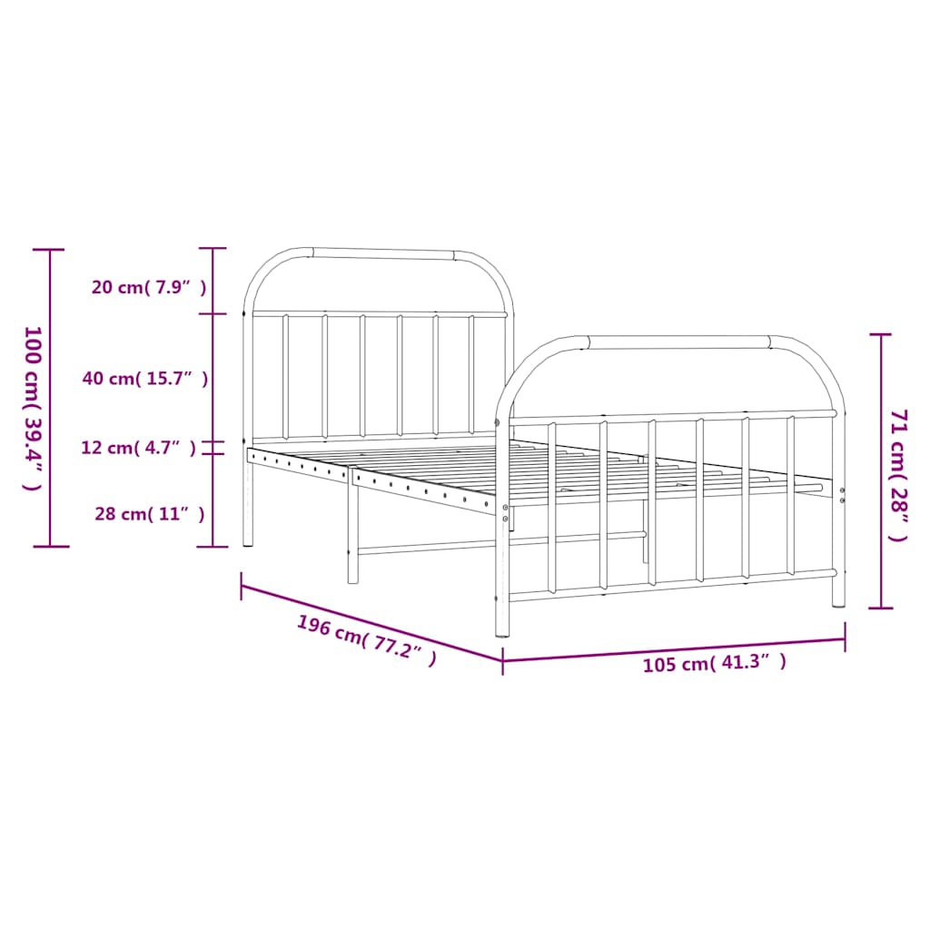 Metal Bed Frame with Headboard and Footboard White 100 x 190 cm