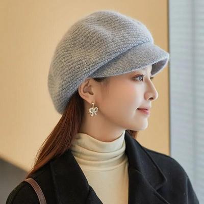 Baret s kachním jazykem Dámská zimní čepice Divoký malíř Králičí kožešina Pletená teplá osmihranná vlněná čepice