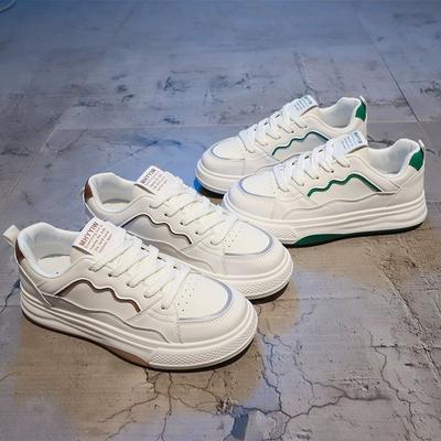 Color Blocked White Shoes Round Toe Lace Up Thick Soled Sports and Leisure Shoes