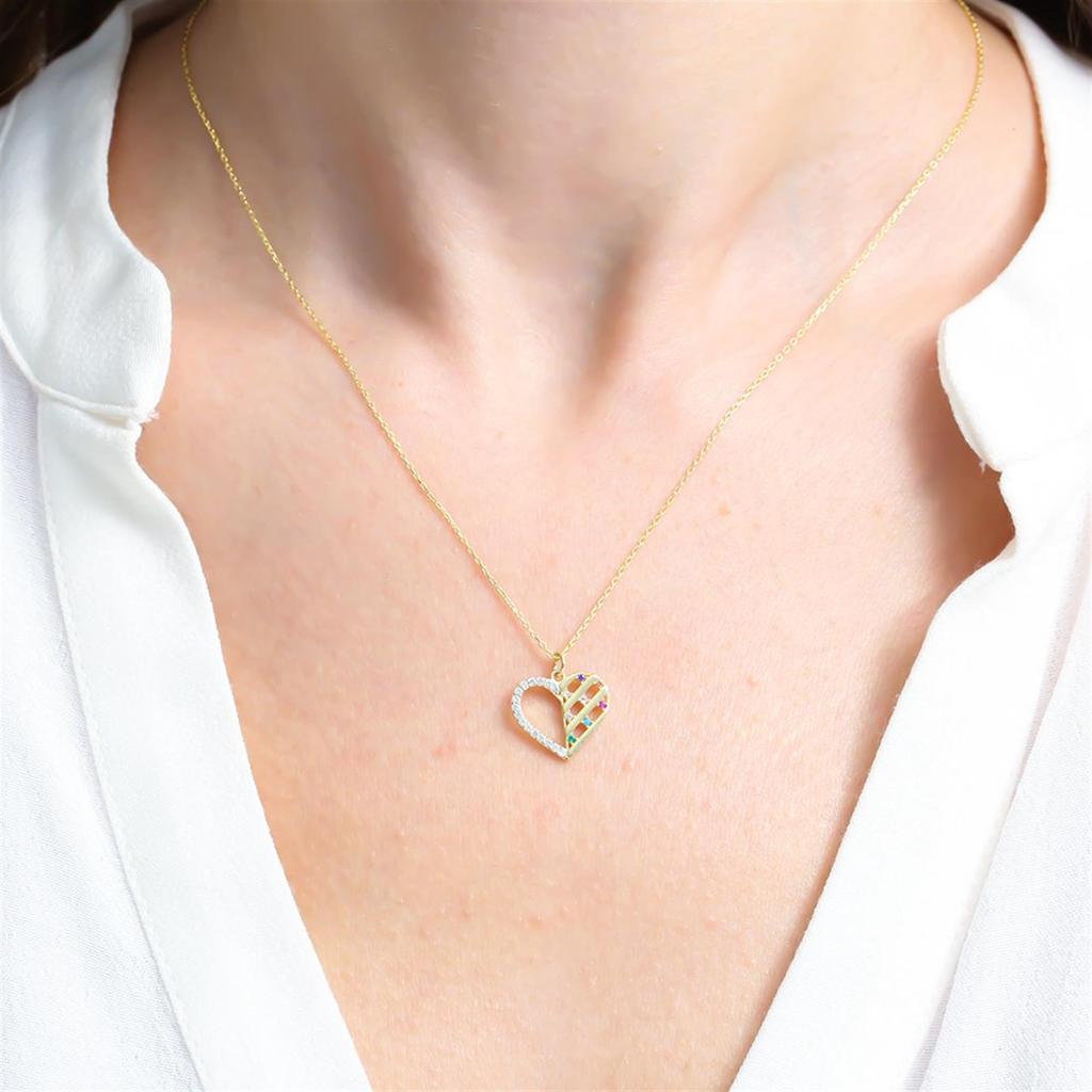 Mix Taşlı Işıltılı Kalp Hazinesi Gold Renk Gümüş Kolye