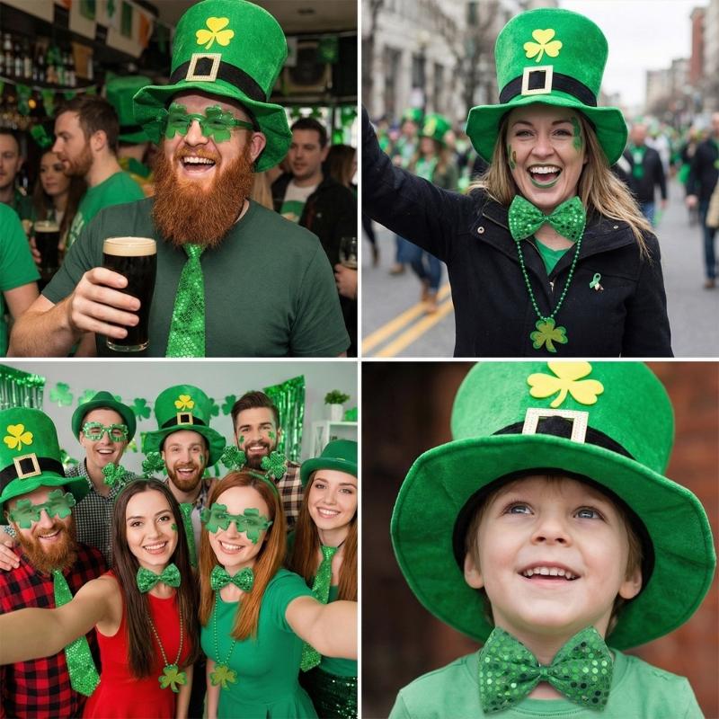 Patrick's Day Complete Irish Clovers Costume Set Green Hat Shamrock Beard Sequined Tie Necklace and Glasses