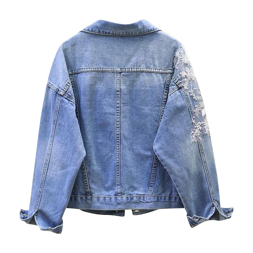 Denim Short Jacket For Women, Loose Jacket With Embroidered Three-dimensional Flowers And Holes