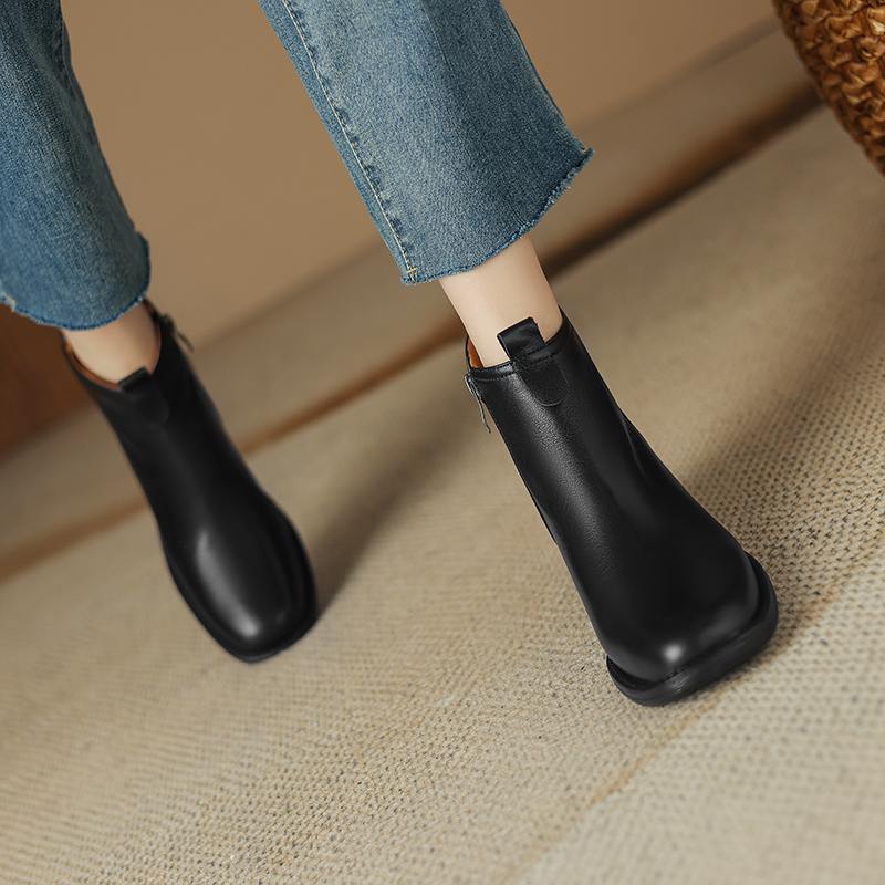 Krazing Pot Cow Skin Winter Square Toe Thick Heels Chelsea Fashion Boots Women Slip on Women Ankle Boots