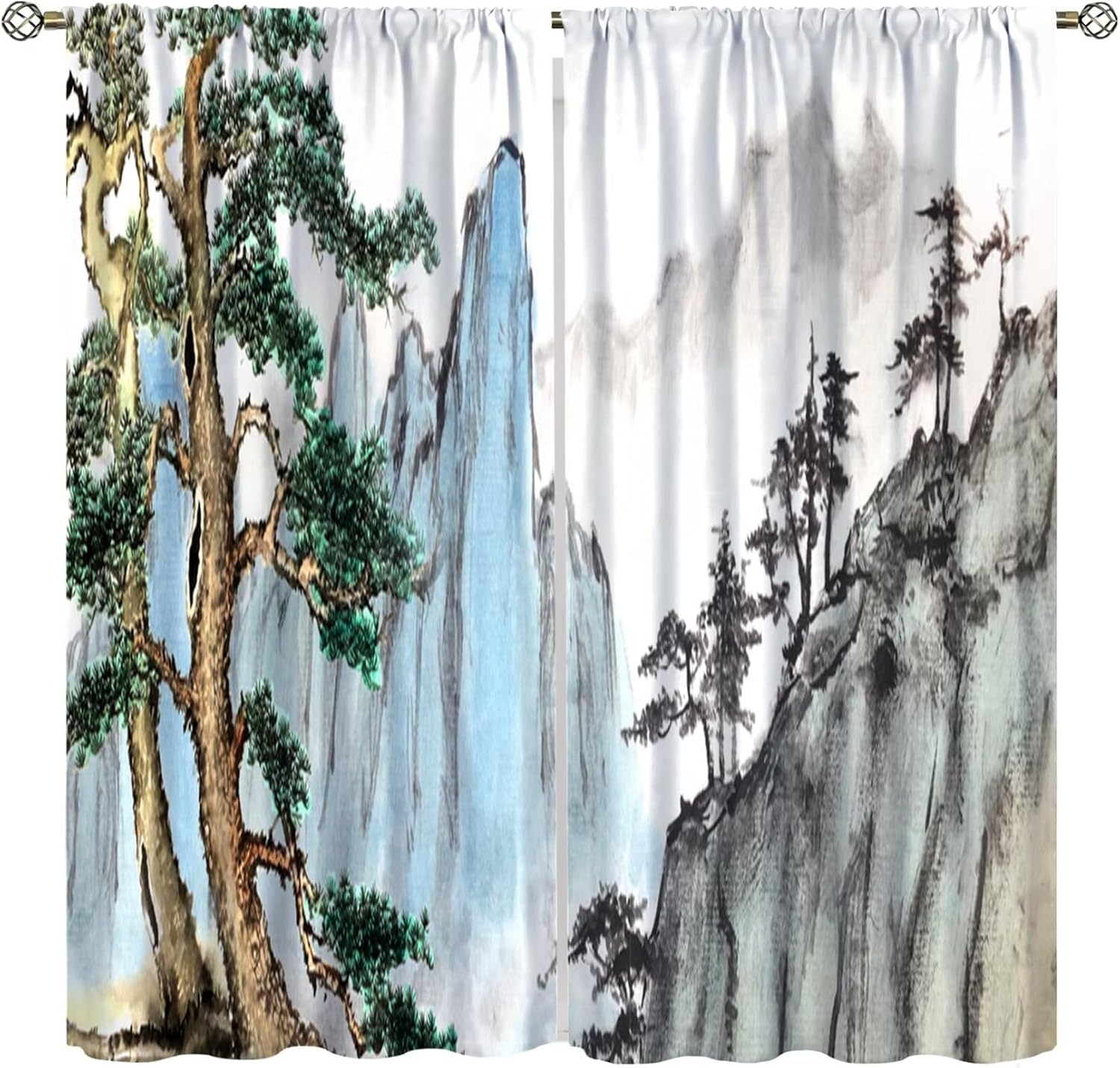 Cherry Blossom Curtains Traditional Oriental Ink Painting Chinese Pines High Mountains Rivers Print Window Treatments Curtain Blackout Polyester W100*H70(CM)-Hooks&2PCS