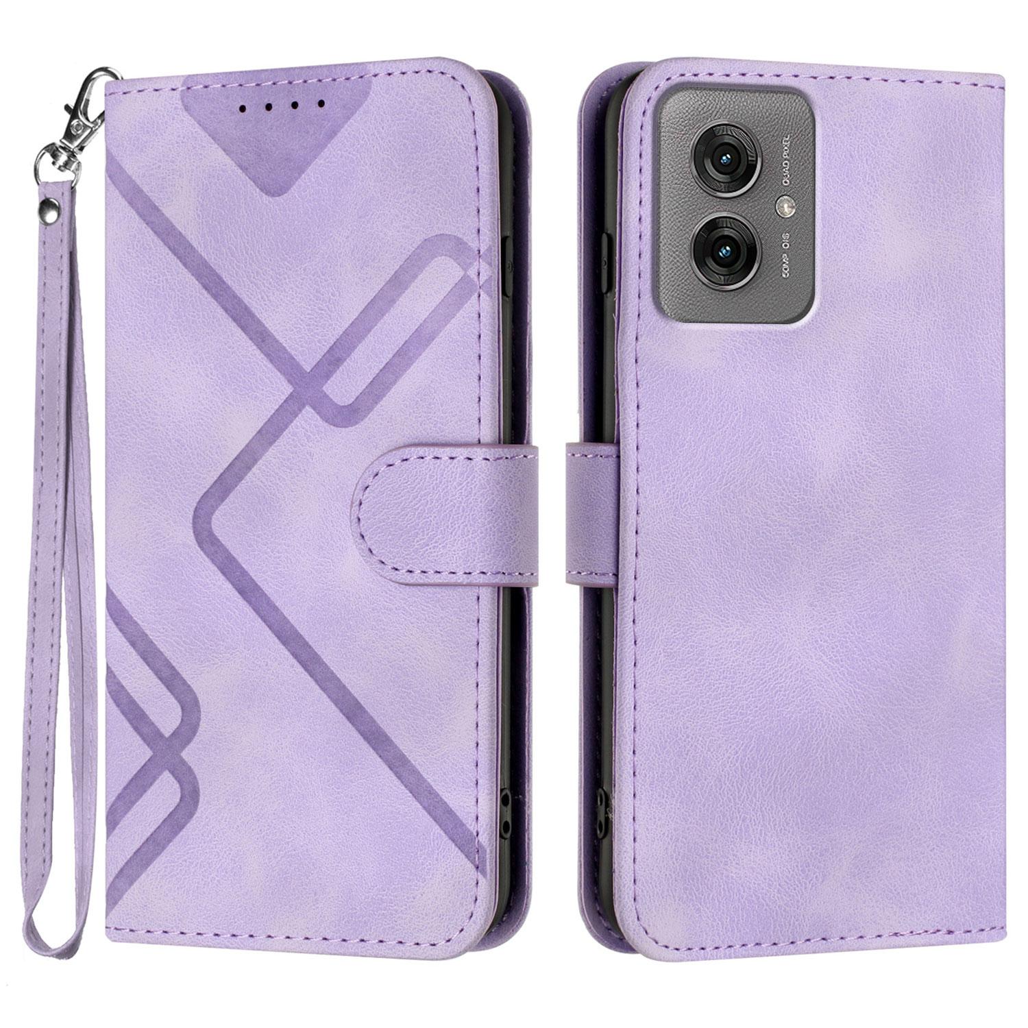 

For Motorola Moto G55 5G Wallet Case Line Imprinted PU Leather Phone Cover with Strap Purple