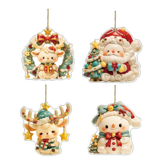 Christmas Car Charm 2D Acrylic Keychain Santa Reindeer Car Mirror Hanging Ornament Festive Decor for Home Tree