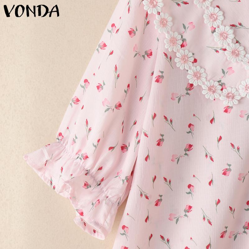VONDA Damen Sommer Puffärmel Stickerei Saum Blumendruck Lässige Bluse