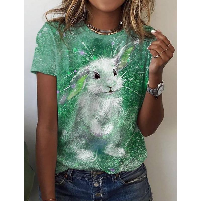 Women's T Shirt Animal Weekend 3D Print Rabbit Graphics Light Green Short Sleeve Tee Fashion Round Neck Tops Summer