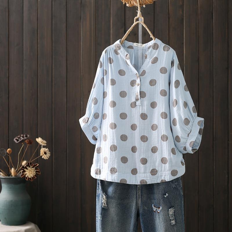 Autumn Double-layer Cotton Yarn Blouses & Shirts Printed Plus Size Shirt Loose Five Quarter Sleeve Stand Up Collar Top Cotton Yarn Shirt
