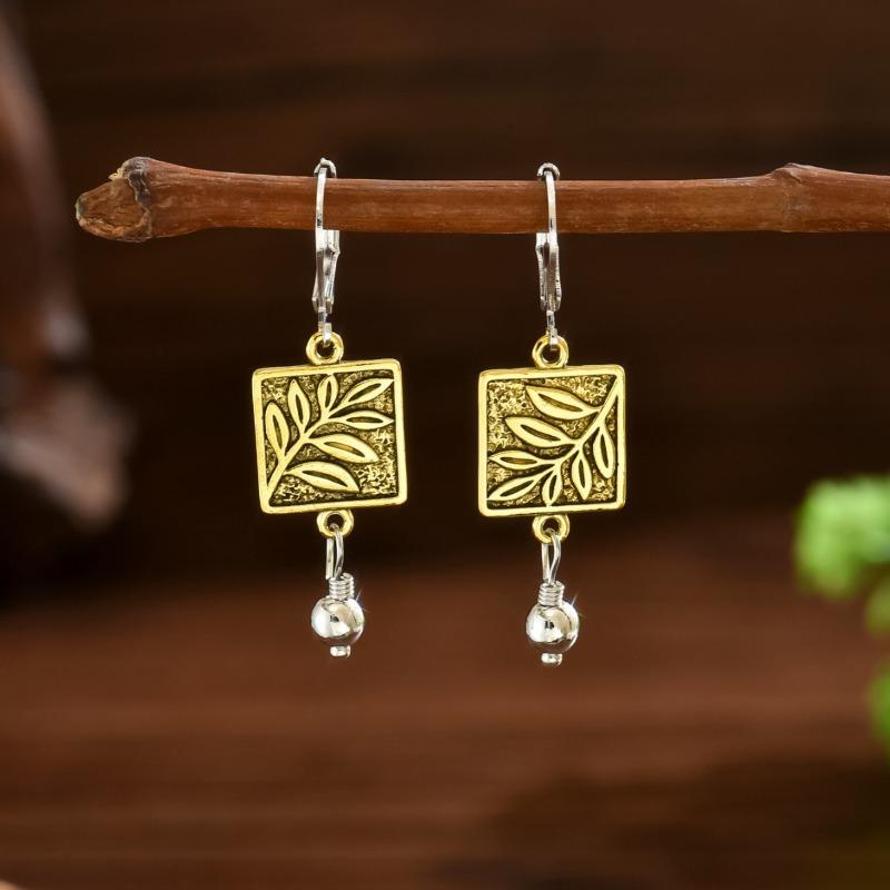Vintage Square Inlaid Leaf Earrings Geometric Creativity Gold Silver Color Dangle Earrings for Women Jewelry