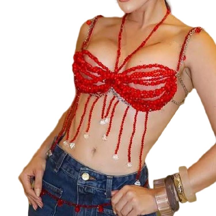 

Women Layered Beaded Tassels Halter Neck Bra Crop Top Body Jewelry Chest Chain Bralette Camisole Nightlcub Party Outfit 1