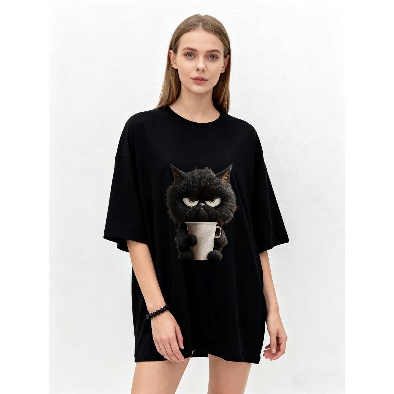 Oversized T Shirt Black Angry Black Cat Holding Coffee Cup Print Casual Everyday Wear